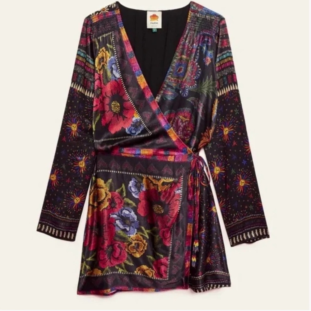 FARM Rio Black Wrap Mini Dress with Red, Purple & Yellow Floral Print